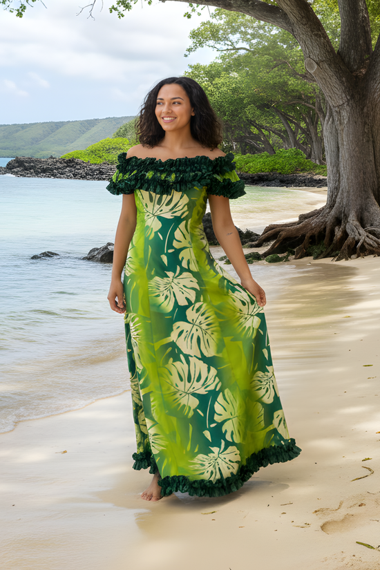 T&L MUUMUU FACTORY フラ ムームー モンステラ柄 Moana Long Muʻumuʻu T&L MUUMUU FACTORY フラ ムームー モンステラ柄 Moana Long Muʻumuʻu