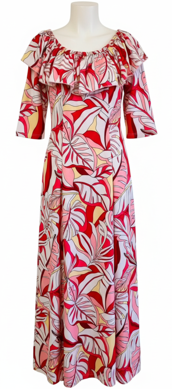 traditional hawaiian dress 19D-213R- Hibiscus White Red Muumuu kyifi.com XSmall to 2XLarge Sizes available Luau Clothing and Oahu Park
